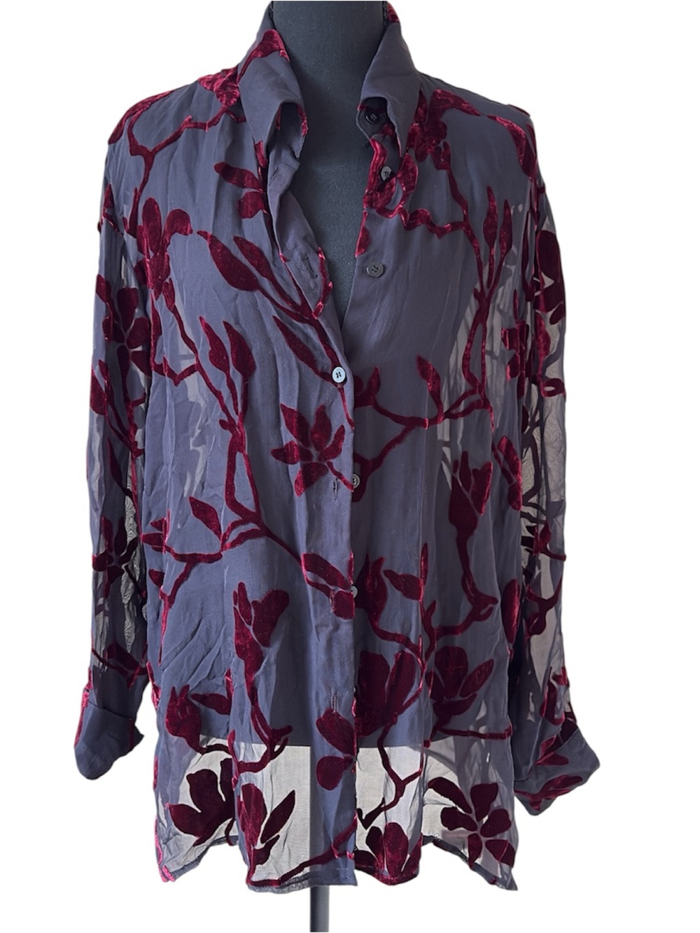 Vintage Silk Club Collection Burnout Velvet Sheer Floral Blouse